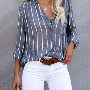 Loveu dear- White and blue striped button front top